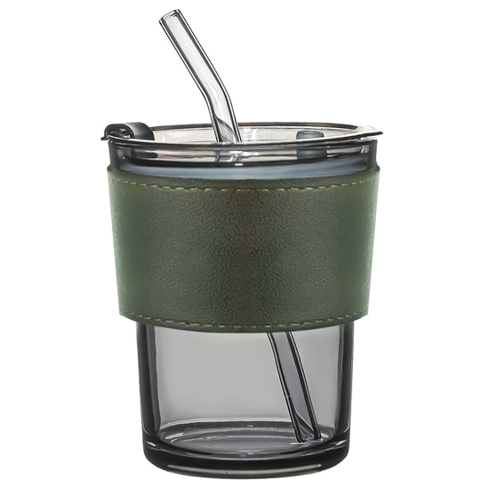 Стакан стеклянный с трубочкой и капхолдером Karamel, зелёный